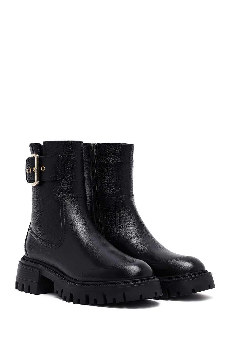Woman Black Thick-Soled Leather Boots