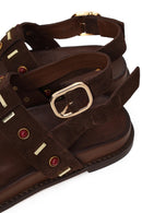 Woman Brown Stone-Embellished Suede Leather Sandals | Derimod