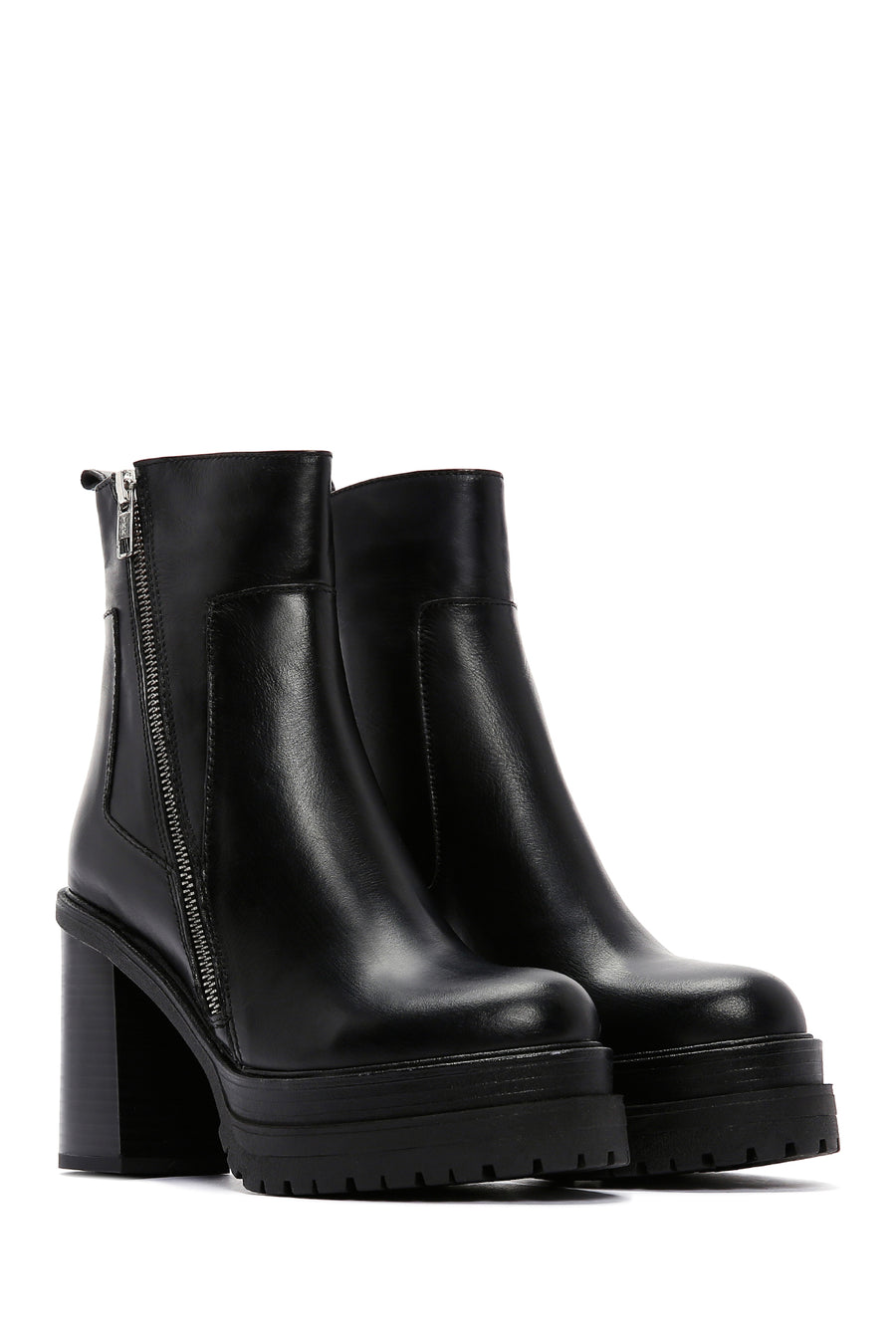 Women's Black Leather Zippered Platform Heeled Boots