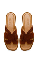 Woman Tan Suede Leather Slippers | Derimod