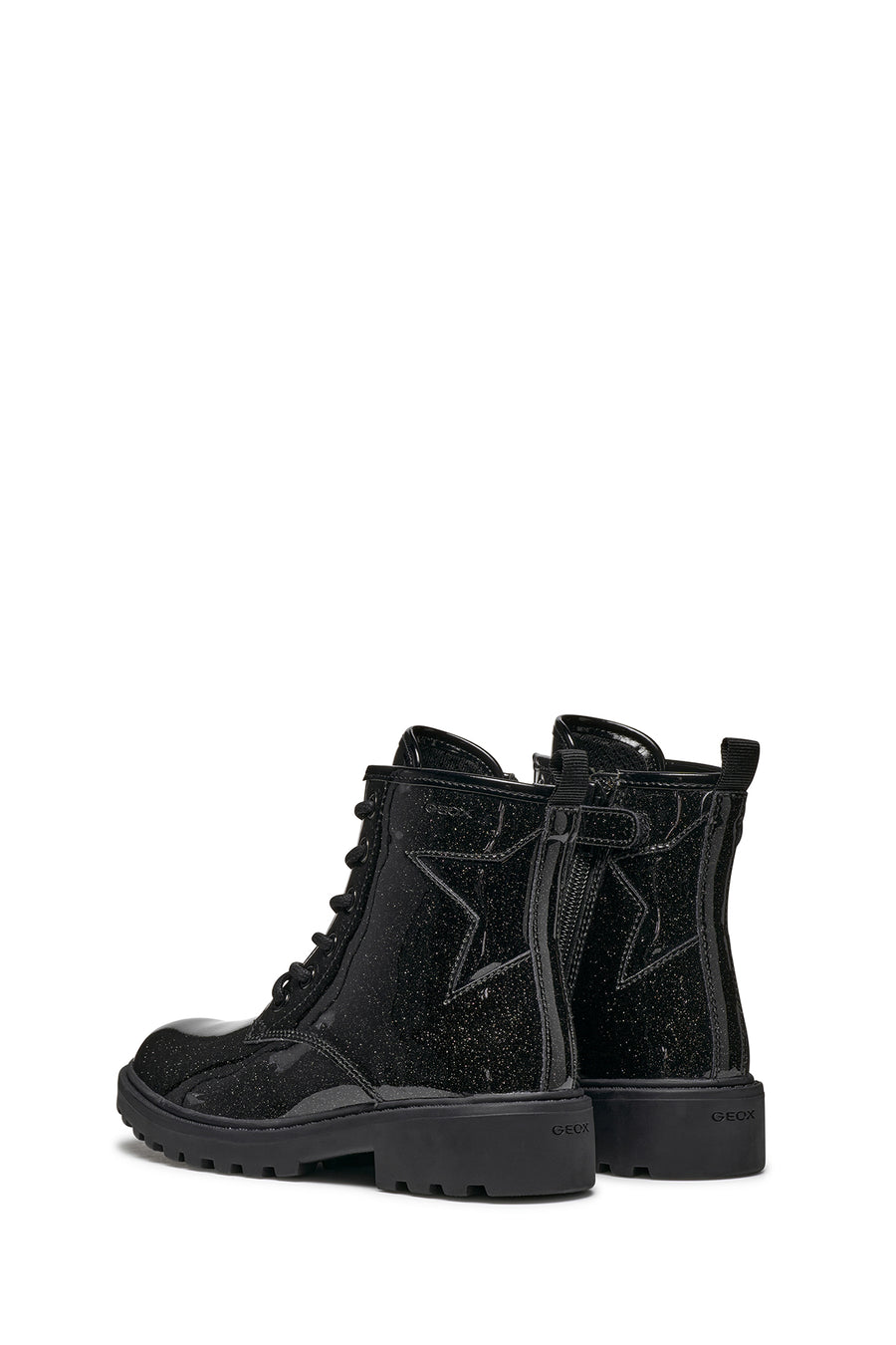 Geox Girls Black Casey Glitter Laced Leather Combat Boots