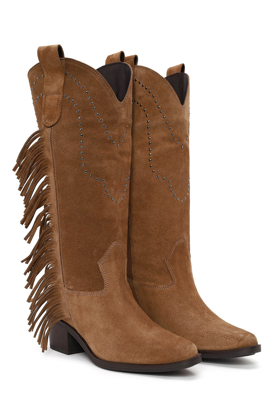 Woman Tan Fringed Chunky-Heeled Suede Cowboy Boots