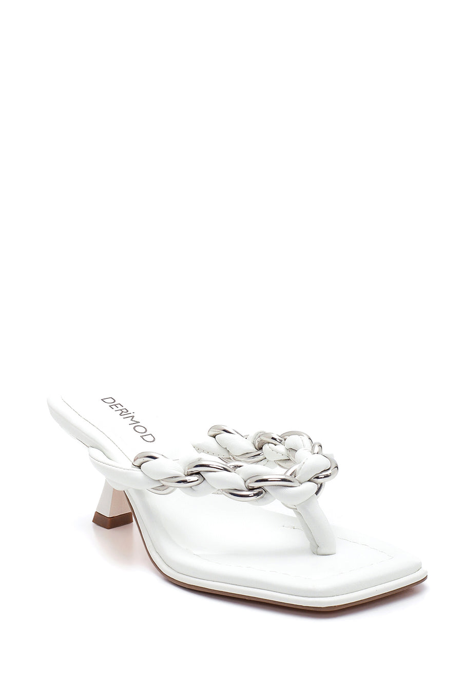 Women's White Braided Flip Flops Heeled Slippers