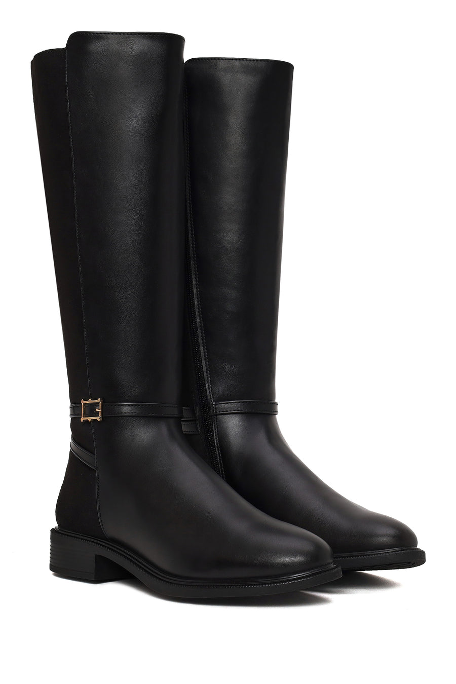 Woman Black Zip Closure Buckle Detailed Boots