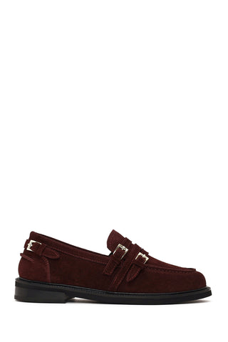 Kadın Bordo Tokalı Süet Deri Maskülen Loafer