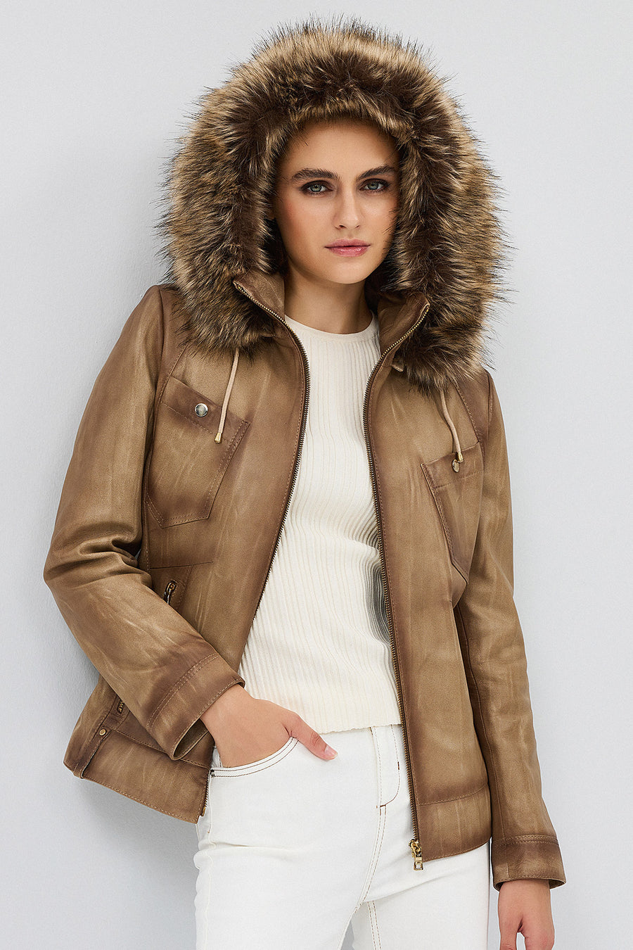 Meggy Women's Beige Hooded Furry Leather Jacket