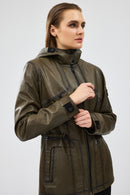 Jessica Women's Khaki Hooded Leather Jacket | Derimod