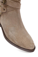 Woman Beige Zippered Suede Leather Cowboy Boots | Derimod