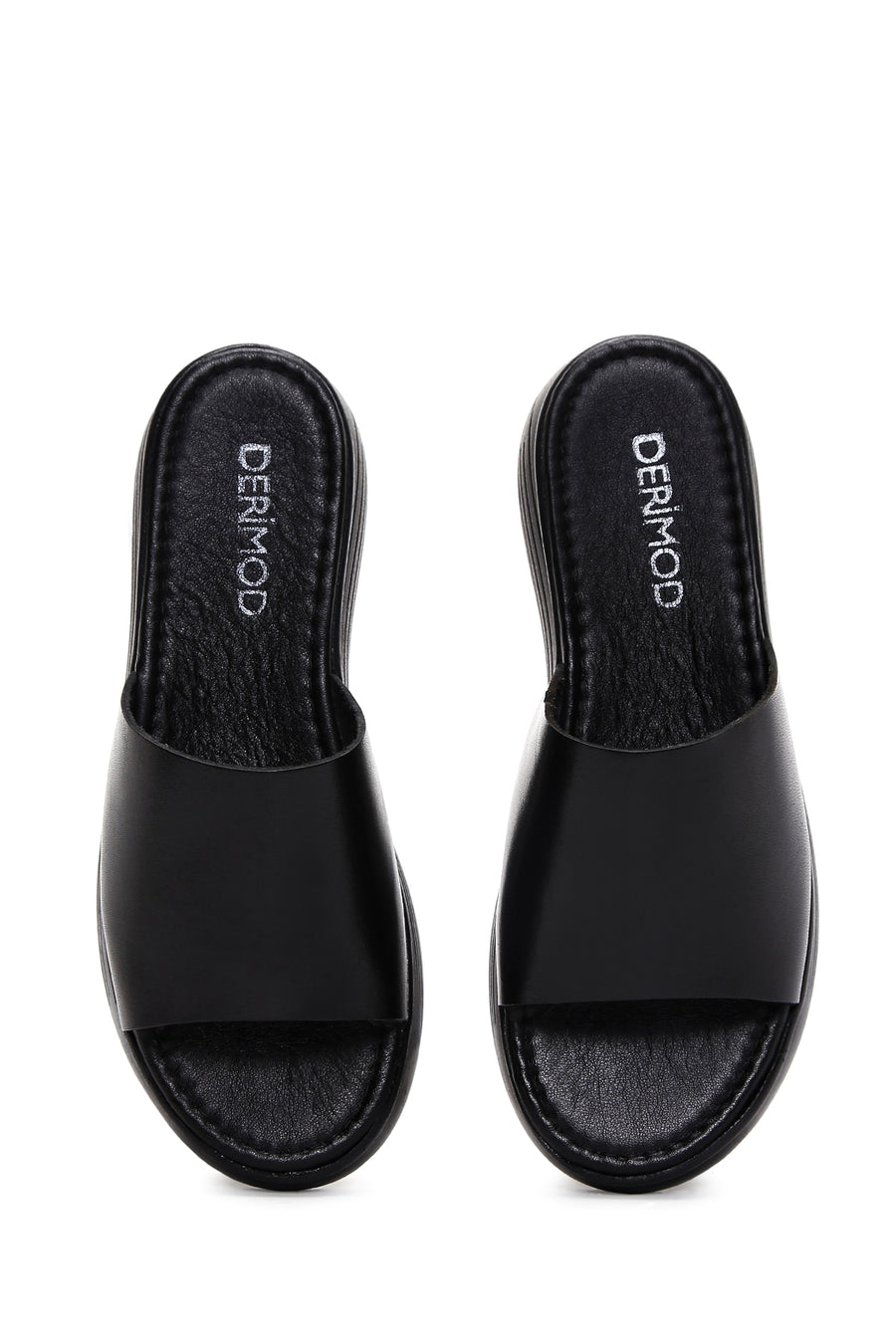 Women's Black Thick Soled Leather Slippers