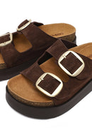 Women's Brown Double Buckle Thick Sole Suede Leather Slippers | Derimod