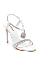 Women's White Leather Stone Heeled Sandals | Derimod