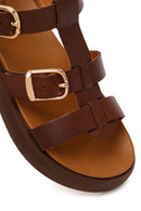 Woman Brown Buckled Thick-Soled Leather Sandal | Derimod