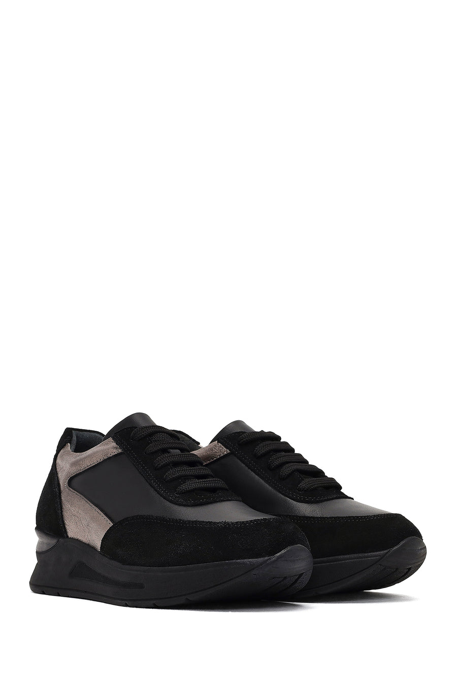 Woman Black Lace-up Wedge Heel Leather Sneaker