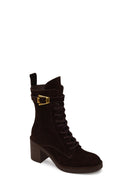 Woman Brown Zip Closure Chunky Heeled Suede Combat Boots | Derimod