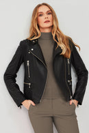 Giselle Women's Black Slim-Fit Biker Leather Jacket | Derimod
