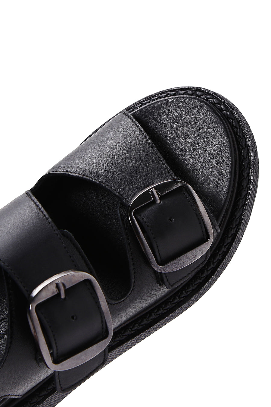Women's Black Double Buckle Leather Comfort Sandals