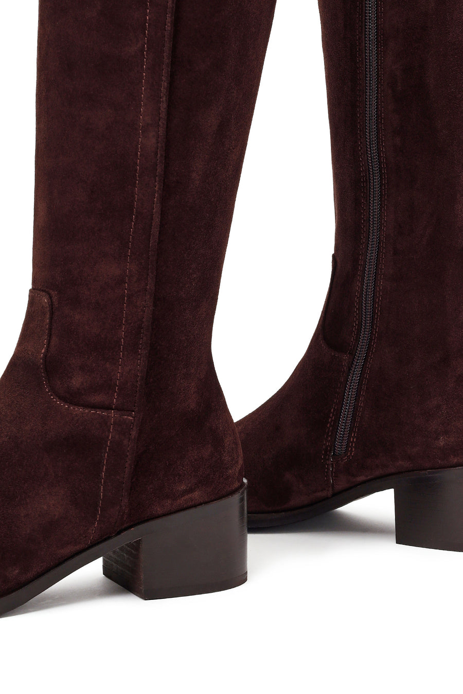Woman Brown Thick Short-Heeled Zip Closure Suede Leather Boots