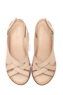 Women's Beige Leather Wedge Heel Comfort Sandals | Derimod
