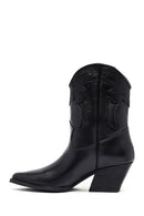 Woman Black Short Chunky Heel Leather Cowboy Boots | Derimod