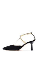 Women's Black Ankle Strap Thin Heel Suede Leather Shoes | Derimod