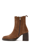 Women's Tan Thick Heeled Suede Leather Chelsea Boots | Derimod