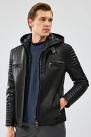 Lyon Men's Black Hooded Leather Jacket | Derimod