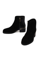 Woman Black Zip Closure Crocodile Patterned Chunky Heeled Suede Boots | Derimod