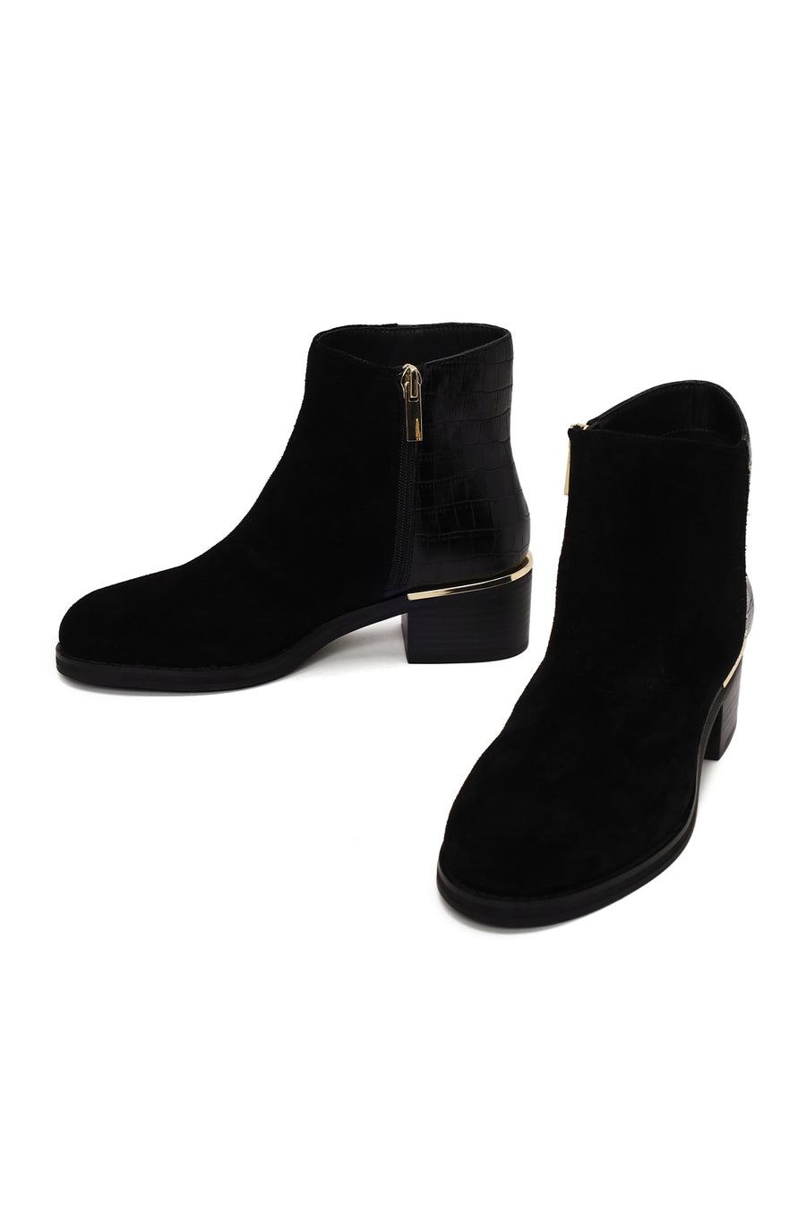 Woman Black Zip Closure Crocodile Patterned Chunky Heeled Suede Boots
