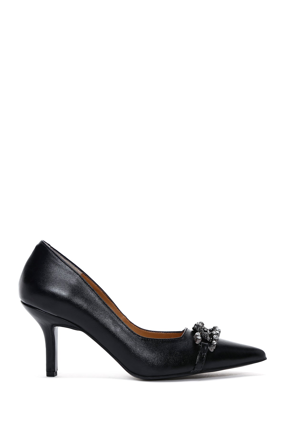 Women's Black Leather Stone Heeled Shoes 22WFD163518 | Derimod