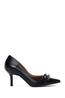 Women's Black Leather Stone Heeled Shoes | Derimod