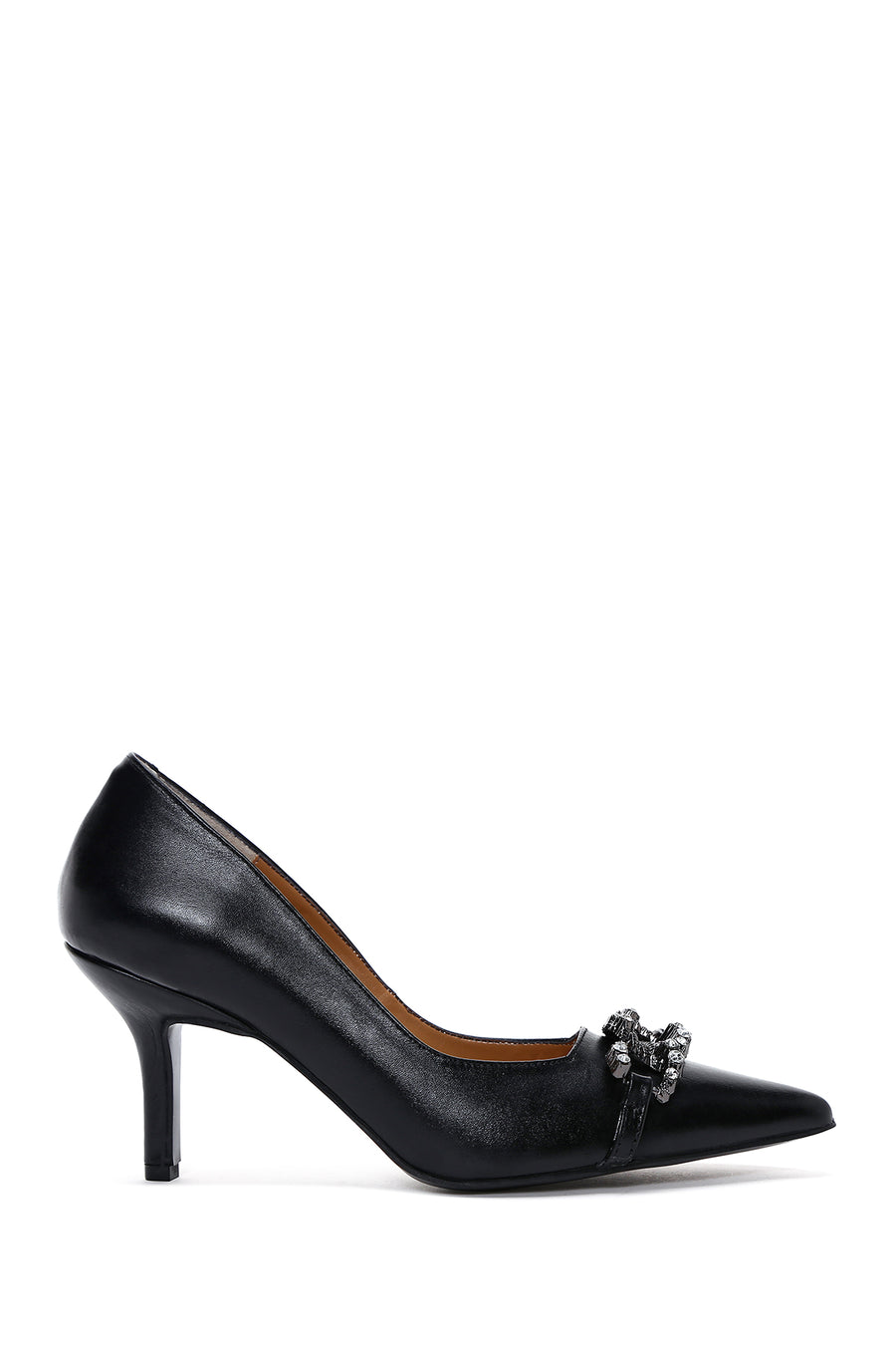 Women's Black Leather Stone Heeled Shoes 22WFD163518 | Derimod