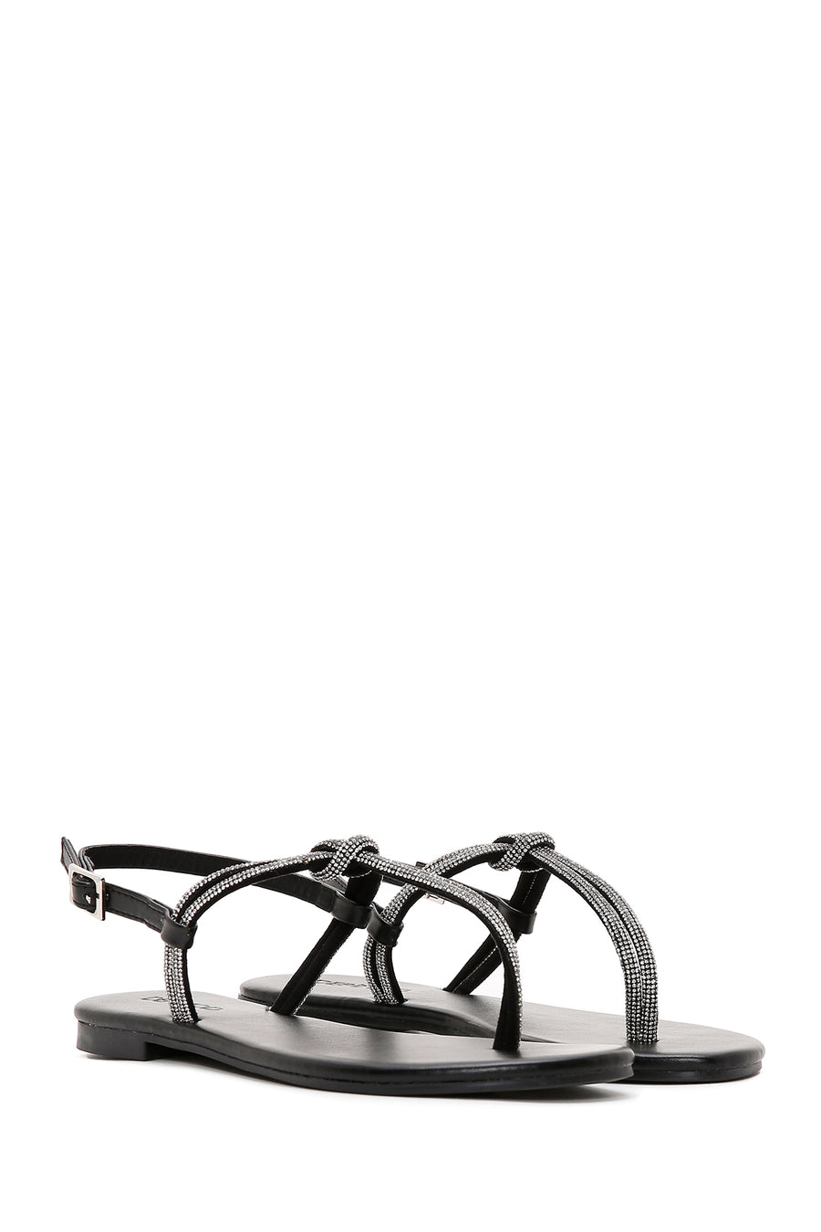 Women's Black Ankle Strap Flip Flop Sandals with Stones