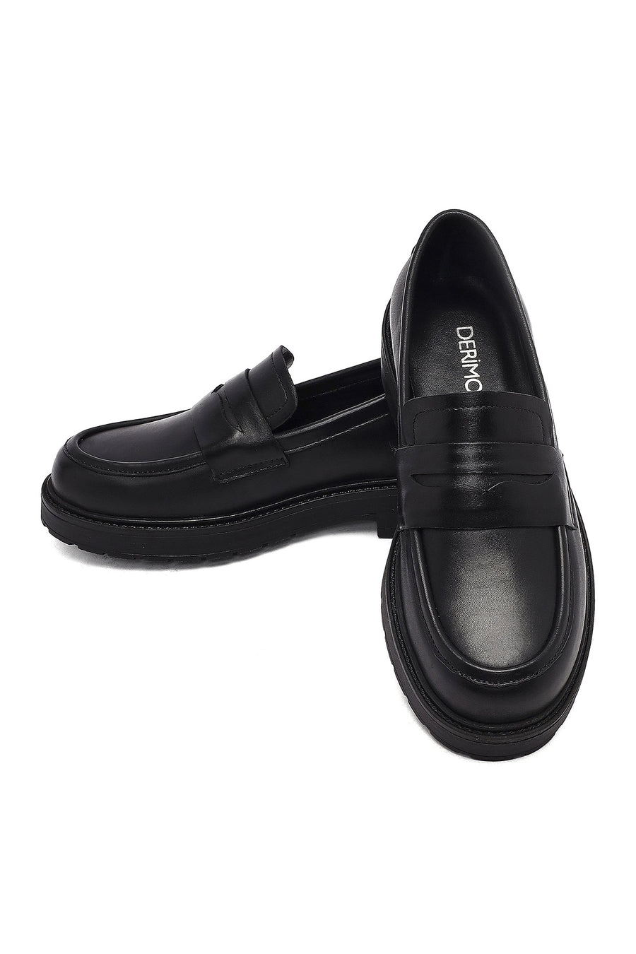 Kadın Siyah Kalın Tabanlı Deri Maskülen Loafer