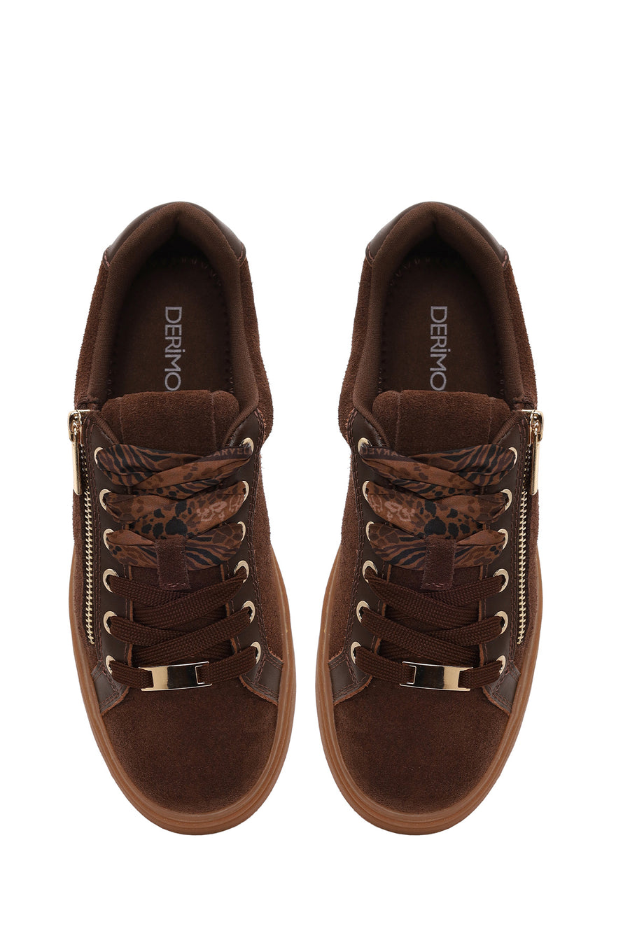 Woman Brown Lace-Up Thick-Soled Suede Leather Sneaker