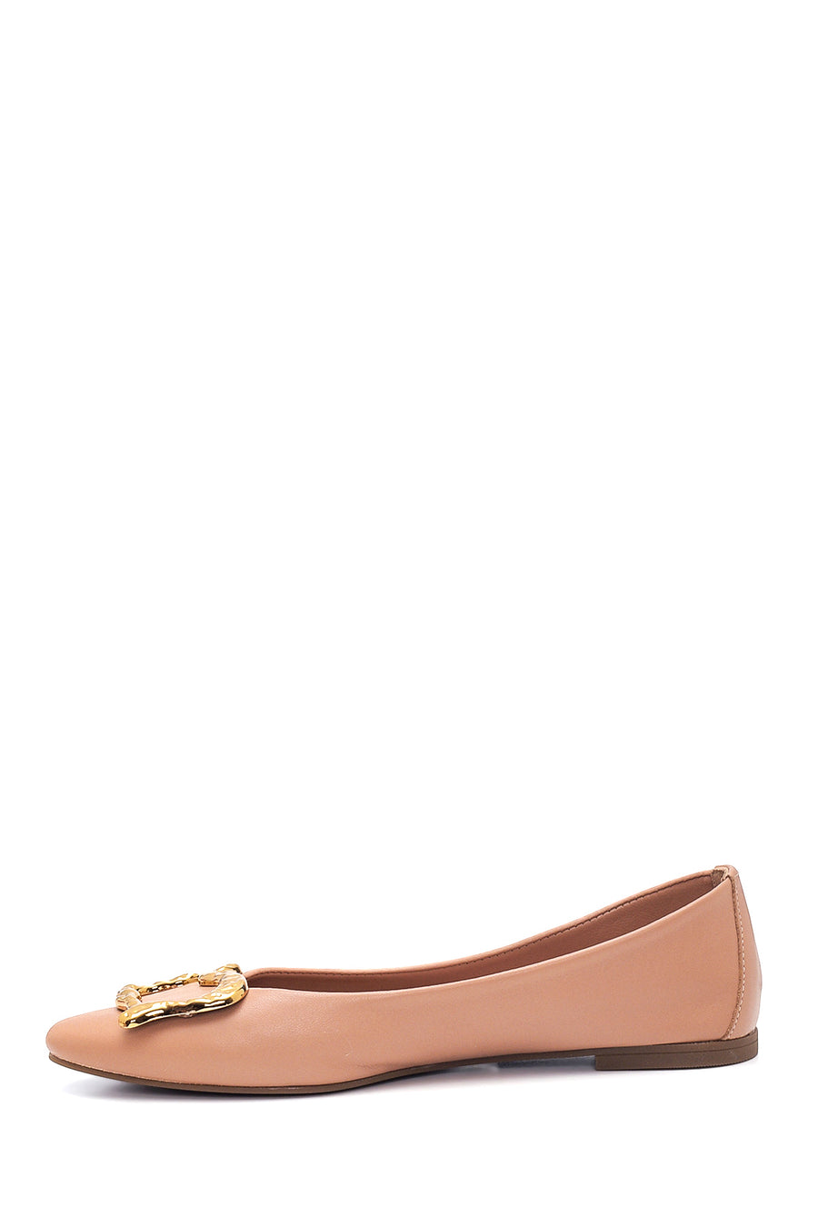 Women's Beige Leather Buckled Ballerinas