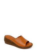 Woman Tan Wedge Heel Leather Comfort Slipper | Derimod