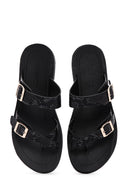 Women's Black Double Buckled Patterned Slippers | Derimod