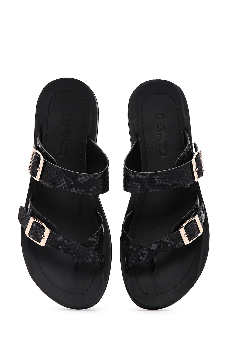 Women's Black Double Buckled Patterned Slippers