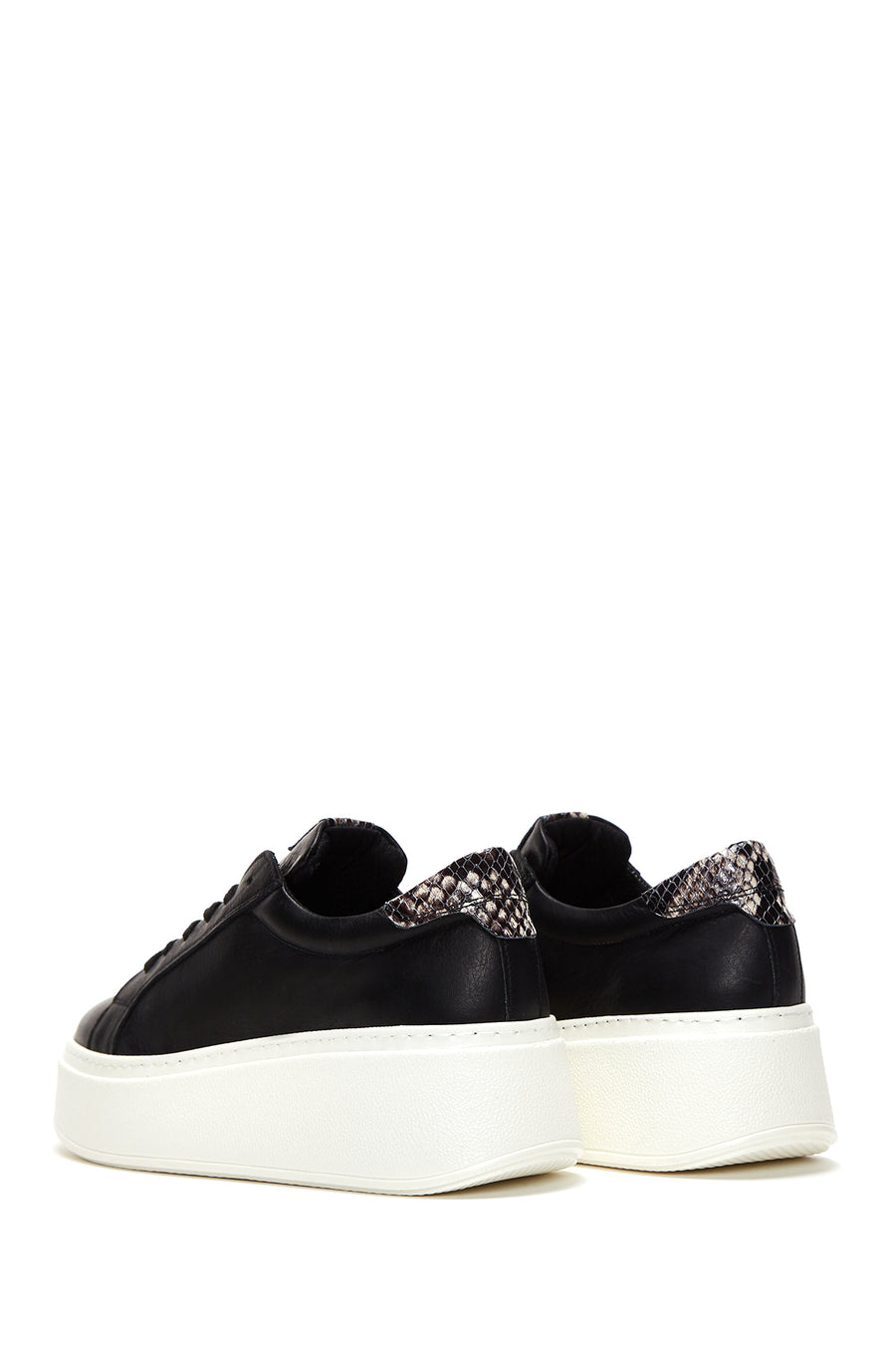 Women's Black Lace-Up Chunky Sole Leather Sneakers
