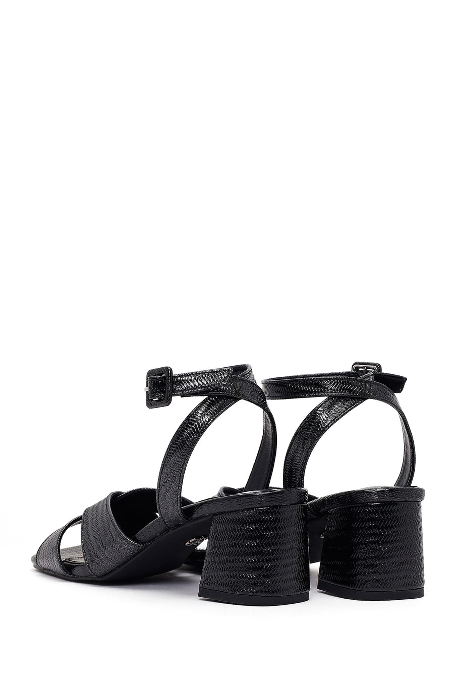 Woman Black Ankle-Buckle Printed Block-Heel Sandals
