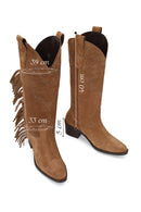 Woman Tan Fringed Chunky-Heeled Suede Cowboy Boots | Derimod