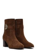 Women's Tan Zippered Thick Heeled Suede Leather Boot | Derimod