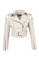 Avanti Woman Beige Off-Shoulder Short Biker Leather Jacket | Derimod