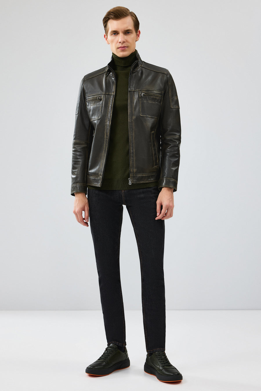 Wade Erkek Yeşil Slim-Fit Deri Mont