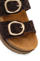 Women's Brown Double Buckle Leopard Print Chunky Sole Suede Leather Slippers | Derimod