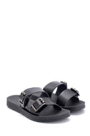 Women's Black Double Buckle Open Back Flat Slippers | Derimod