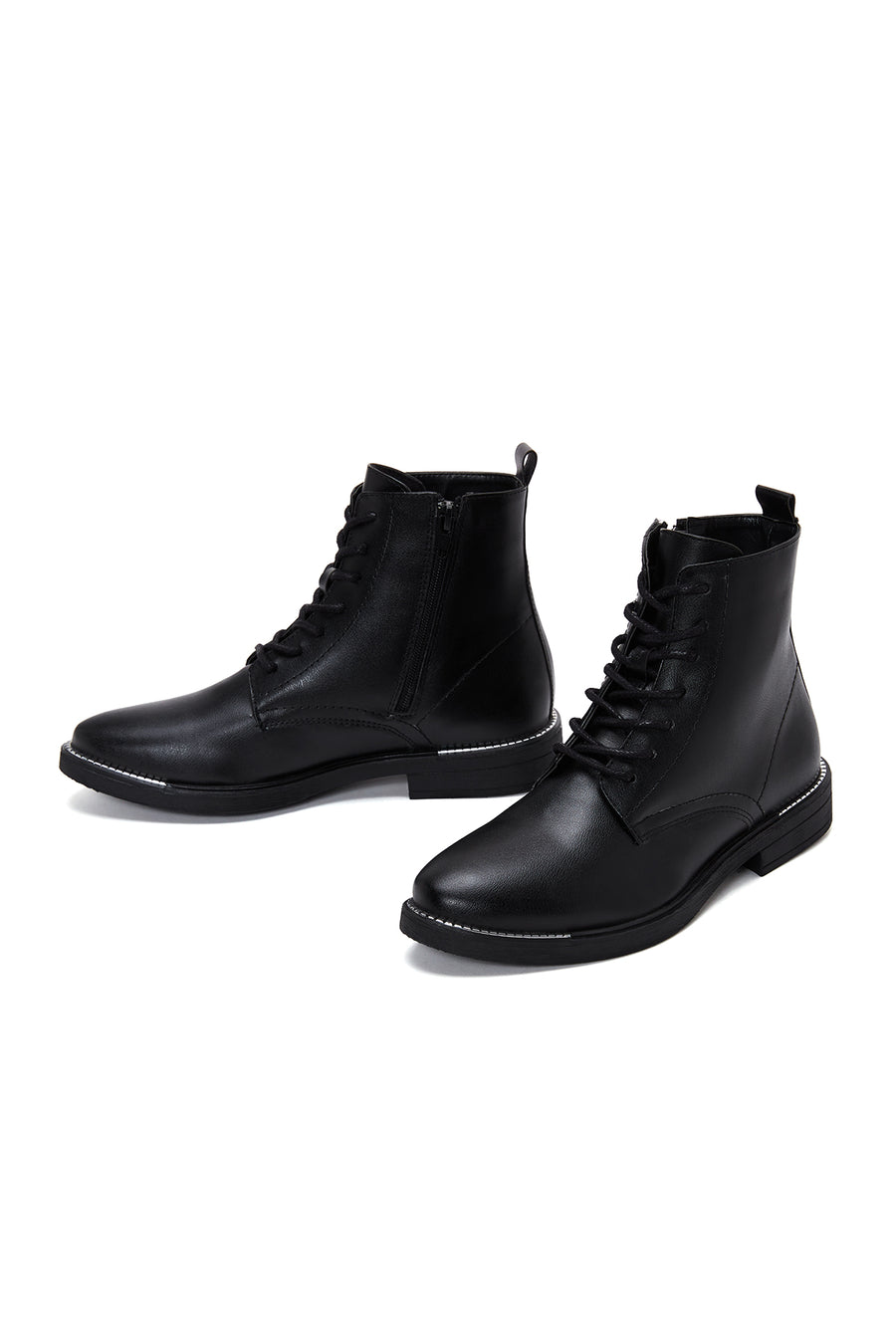 Women's Black Lace-Up Zipper Detailed Combat Boots