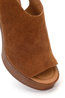 Women's Tan Ankle Buckle Platform High Heel Suede Leather Sandals | Derimod