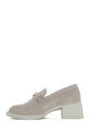 Women's Beige Buckled Thick Heel Suede Leather Masculine Loafer | Derimod