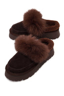 Woman Brown Thick-Soled Plush Suede Teddy Slipper | Derimod